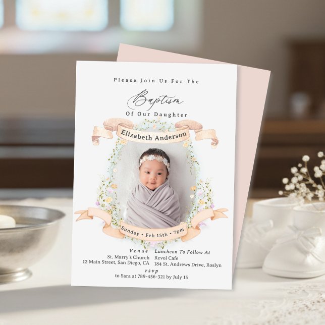 Elegant Delicate Wildflowers Baby Photo Baptism Invitation (Elegant Delicate Wildflowers Baby Photo Baptism Invitation)