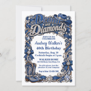 Elegant Denim and Diamonds Birthday Invitation