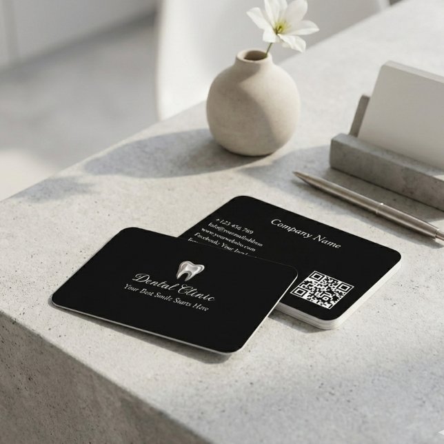 Elegant Dental Clinic Black Dentist QR Code  Business Card (Creator Uploaded)