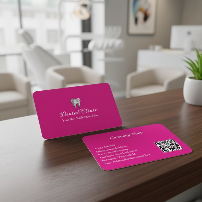 Elegant Dental Clinic Pink Dentist QR Code  Business Card (Creator Uploaded)