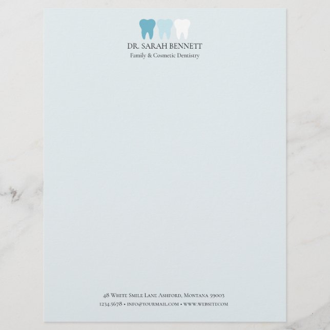 Elegant dentist airy light blue professional custom letterhead (Front)