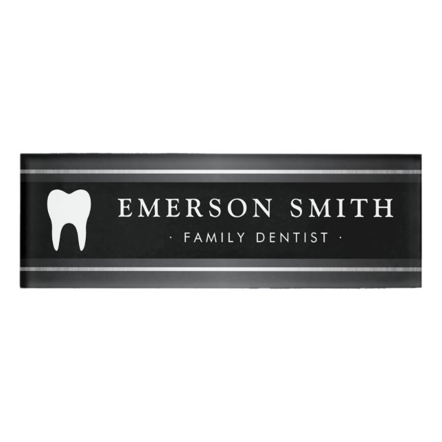 Elegant dentist dental white tooth dark name tag (Front)
