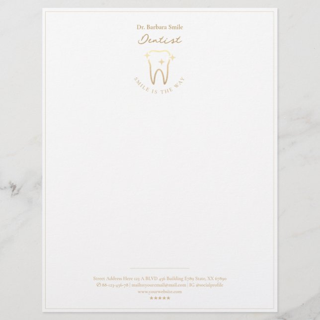 Elegant Dentist Dentistry Frame Gold Tooth White  Custom Letterhead (Front)