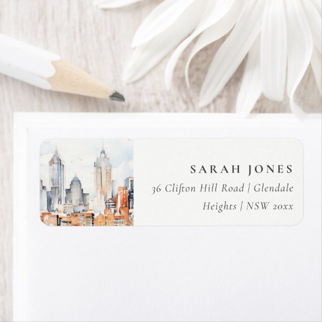 Elegant Denver Colorado Skyline Watercolor Address (Insitu)