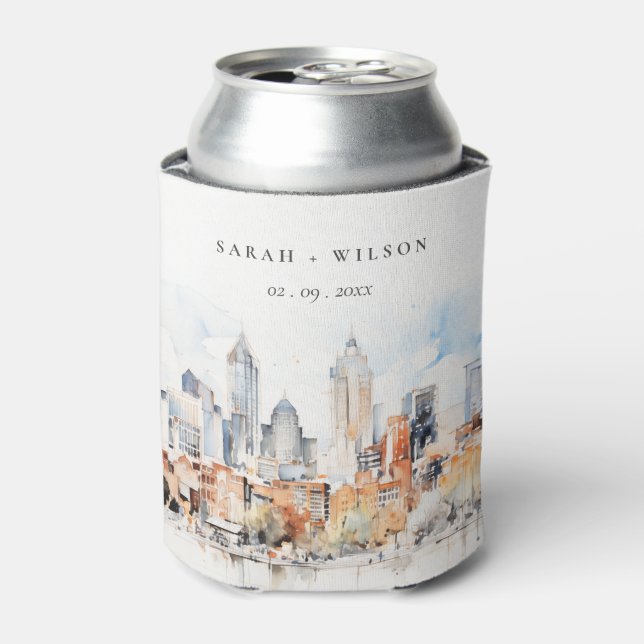 Elegant Denver Colorado Skyline Watercolor Wedding Can Cooler (Can Front)