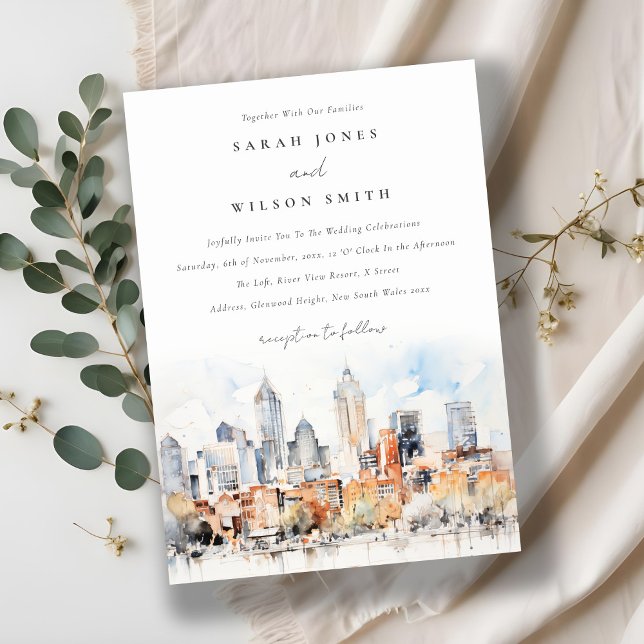 Elegant Denver Colorado Skyline Watercolor Wedding Invitation (Creator Uploaded)