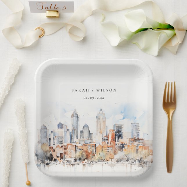 Elegant Denver Colorado Skyline Watercolor Wedding Paper Plate (Wedding)