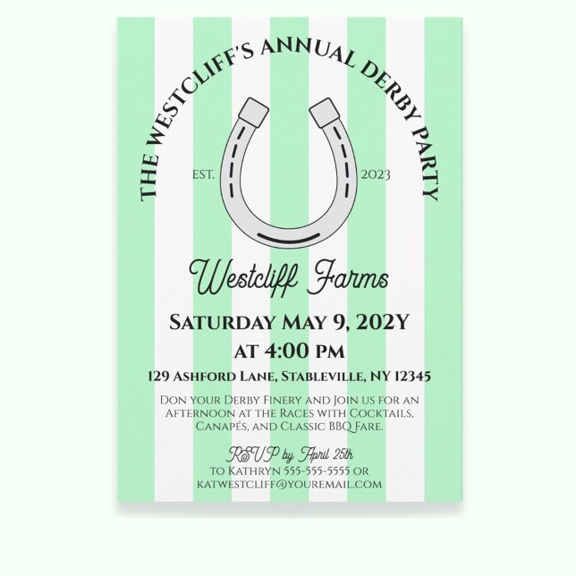 Elegant Derby Party Mint Cabana Stripe Horseshoe Invitation (Mint Green Cabana Stripes Horseshoe Derby Horse Racing Party Invitation)