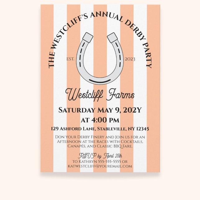 Elegant Derby Party Peach Cabana Stripe Horseshoe Invitation (Peach Cabana Stripes Horseshoe Derby Horse Racing Party Invitation)