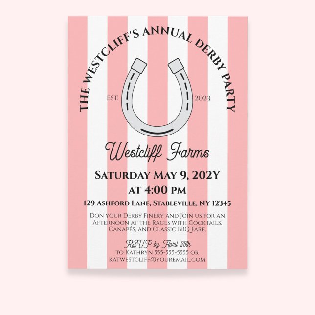 Elegant Derby Party Pink Cabana Stripes Horseshoe Invitation (Pink Cabana Stripes Horseshoe Derby Horse Racing Party Invitation)