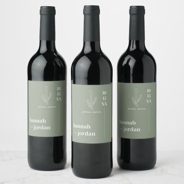 Elegant Desert | Cactus Green Personalised Wedding Wine Label (Bottles)