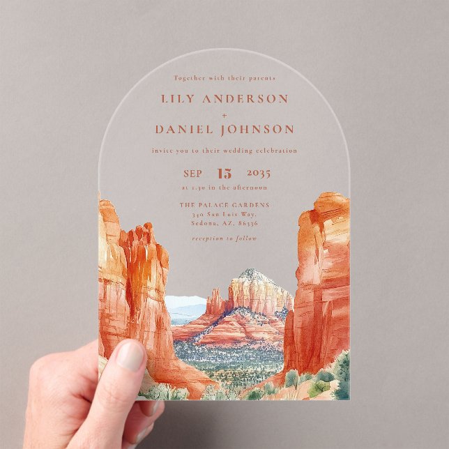 Elegant Desert Mountain Watercolor Wedding Arch Acrylic Invitations (Insitu (Handheld))