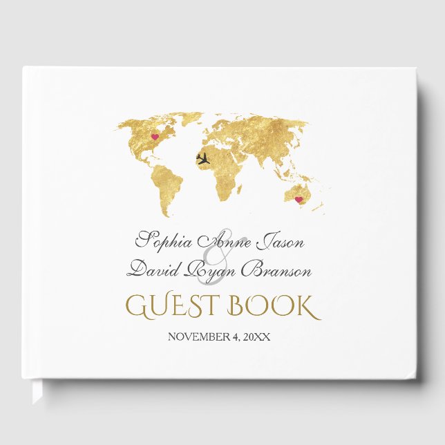 Elegant Destination Gold World Map Wedding Guest Book (Front)