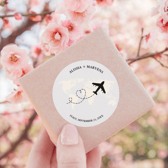 Elegant Destination Wedding Custom Name Aeroplane Classic Round Sticker (Creator Uploaded)