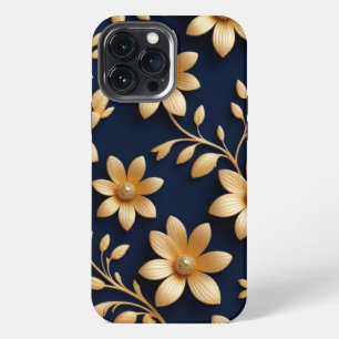 Elegant Detailed Dark Blue & Gold Floral Pattern iPhone 13 Pro Max Case