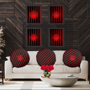 Elegant Diagonal Black Red Stripes Monogram Name  Round Cushion