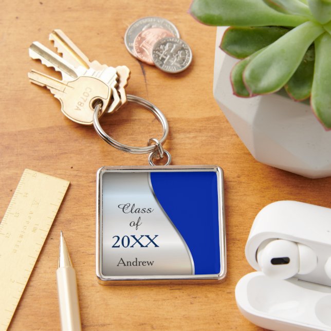 Elegant Diagonal Swirl Blue Silver Graduation Key Ring (Desk)