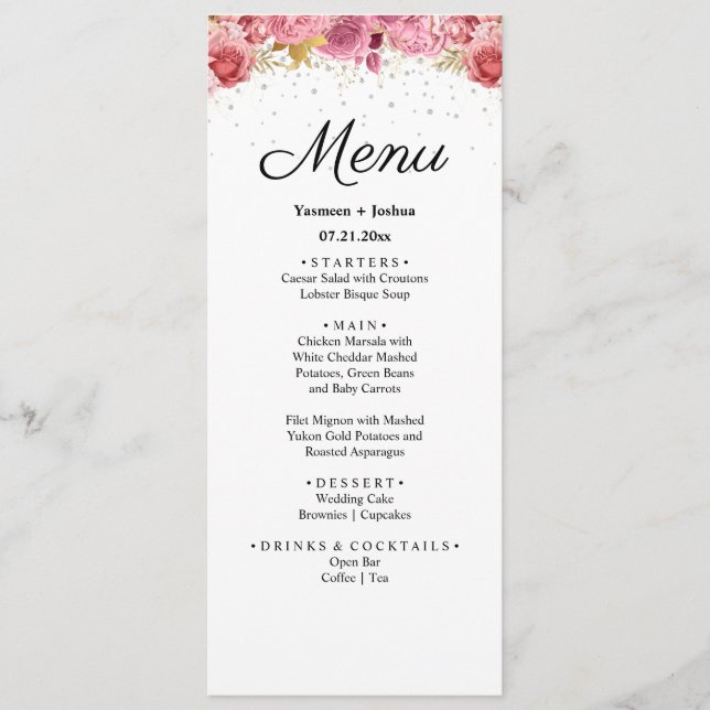 Elegant Diamond and Pink Floral Wedding Menu (Front)
