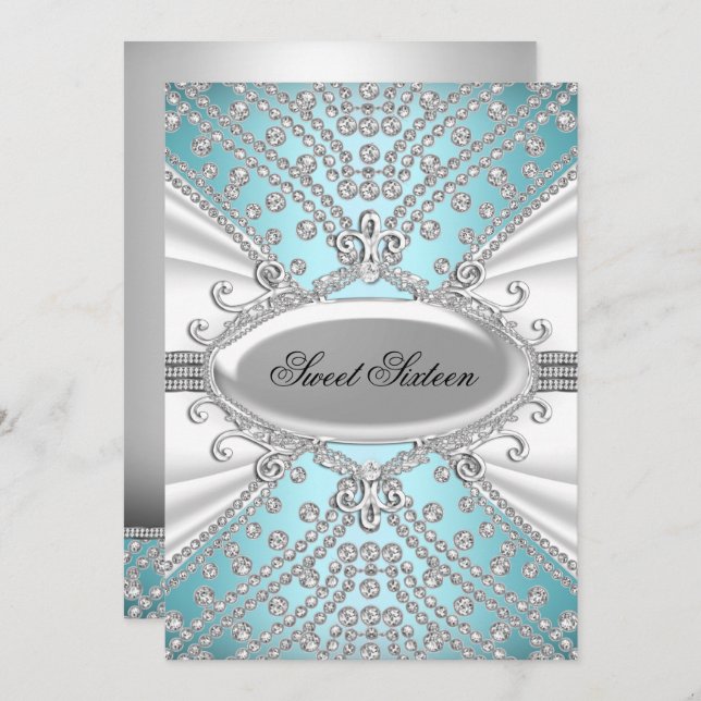 Elegant Diamond Blue Sweet 16 Party Invite (Front/Back)