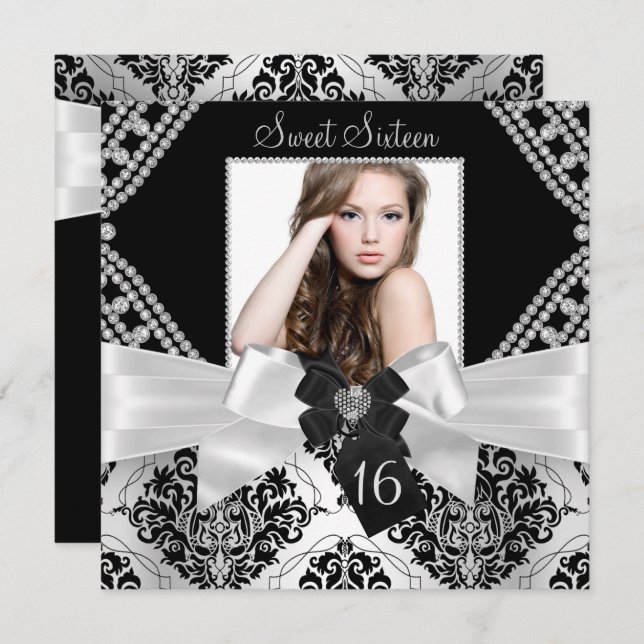 Elegant Diamond Bow Black Damask Photo Sweet 16 Invitation (Front/Back)