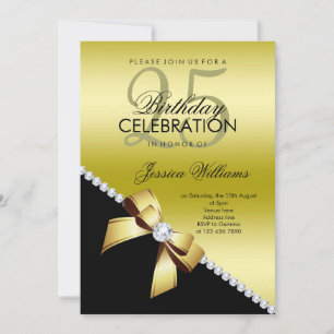 Elegant Diamond Bow, Gold & Black Birthday Invitation