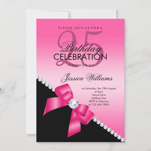 Elegant Diamond Bow, Hot Pink & Black Birthday Invitation (Front)