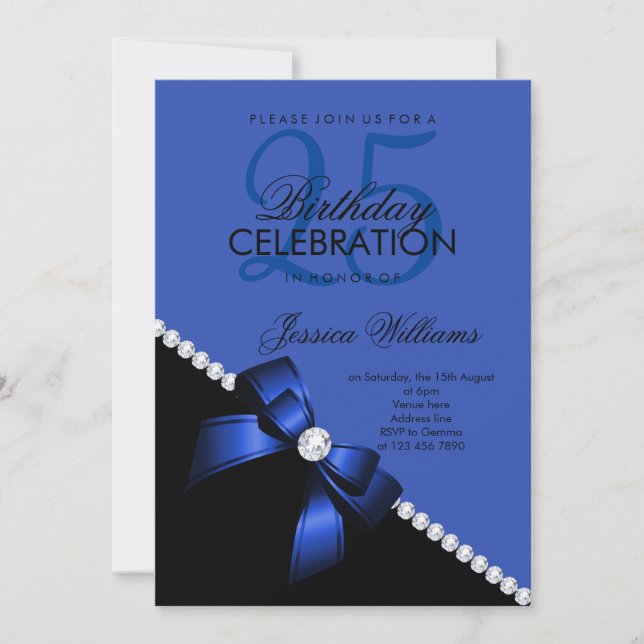 Elegant Diamond Bow, Royal Blue & Black Birthday Invitation (Front)