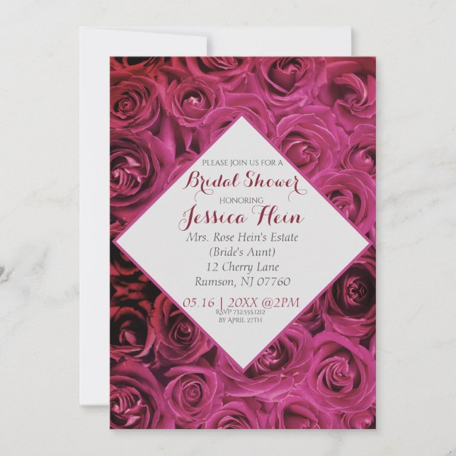 Elegant Diamond Bridal Shower Pink Roses Invitation (Front)