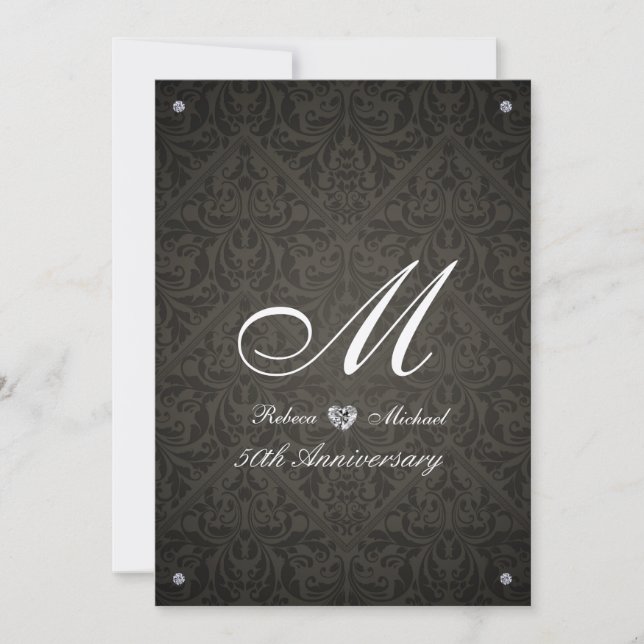 Elegant Diamond Damask Monogram Anniversary invite (Front)