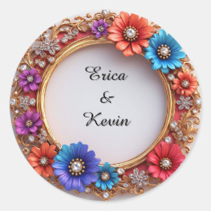Elegant Diamond Floral Ring Wedding Frame Classic Round Sticker