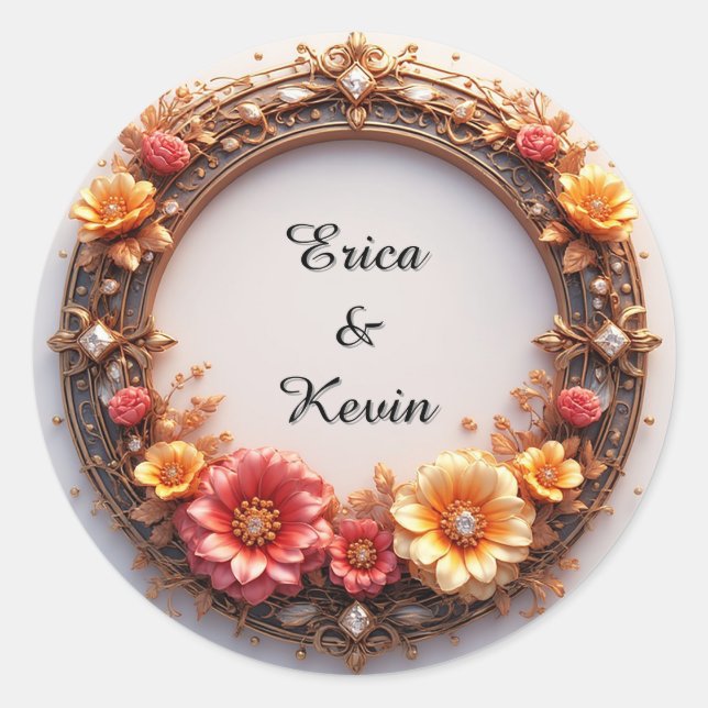 Elegant Diamond Floral Ring Wedding Frame Classic Round Sticker (Front)