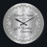 Elegant Diamond Jubilee 60th Wedding Anniversary Large Clock<br><div class="desc">Opulent elegance frames this 60th wedding anniversary design in a unique scalloped diamond design with centre teardrop diamond with faux added sparkles on a silver coloured gradient. Original design by Holiday Hearts Designs (rights reserved). Please note that all embellishments are printed and are only made to appear as real as...</div>