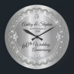 Elegant Diamond Jubilee 60th Wedding Anniversary Large Clock<br><div class="desc">Opulent elegance frames this 60th wedding anniversary design in a unique scalloped diamond design with centre teardrop diamond with faux added sparkles on a silver coloured gradient. Original design by Holiday Hearts Designs (rights reserved). Please note that all embellishments are printed and are only made to appear as real as...</div>