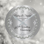 Elegant Diamond Jubilee 60th Wedding Anniversary Round Clock<br><div class="desc">Opulent elegance frames this 60th wedding anniversary design in a unique scalloped diamond design with centre teardrop diamond with faux added sparkles on a silver coloured gradient. Original design by Holiday Hearts Designs (rights reserved). Please note that all embellishments are printed and are only made to appear as real as...</div>