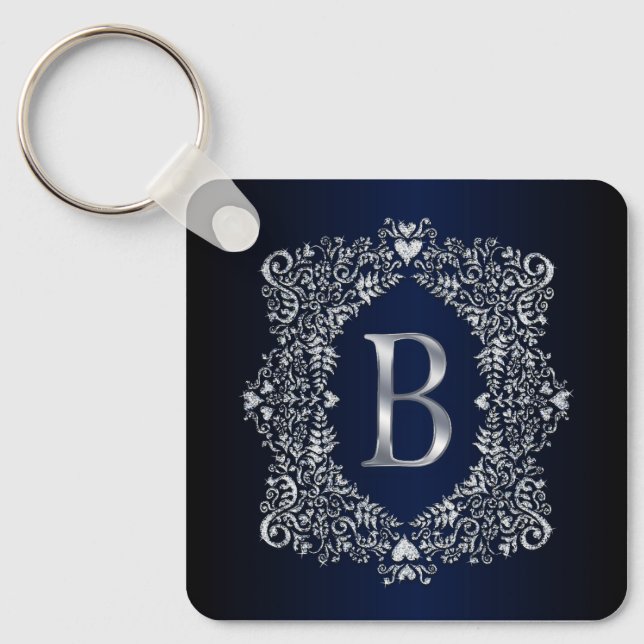 Elegant Diamond Ornate Frame Initial B  Key Ring (Front)