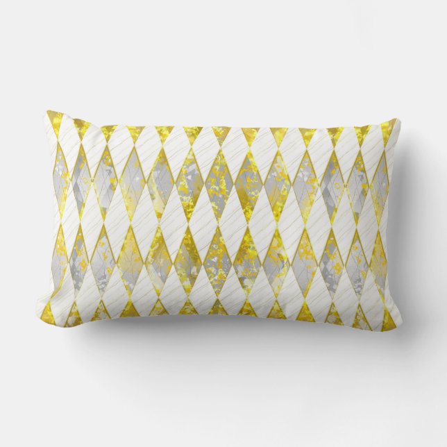 Elegant diamond pattern, gold, white, grey, modern lumbar cushion (Front)
