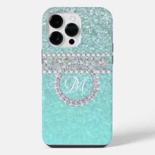 Elegant Diamond Personalised Monogram on Blue Teal iPhone 14 Pro Max Case