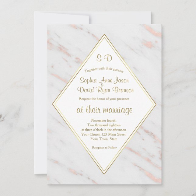 Elegant Diamond Rose Gold Marble Wedding Invitation (Front)