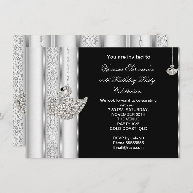 Elegant Diamond Swan White Silver Black Birthday Invitation (Front/Back)
