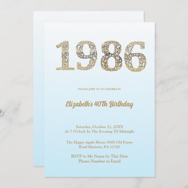 Elegant Diamond Year 1986 40th Birthday Party Invitation (Front/Back)