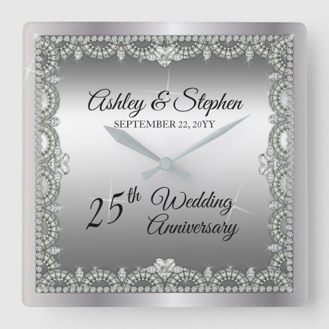 Elegant Diamonds 25th Wedding Anniversary Square Wall Clock (Front)