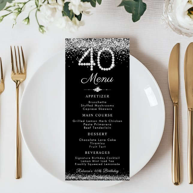 Elegant Diamonds 40th Birthday Dinner Flat Menu (Diamonds 40th Birthday Party Menu Card)