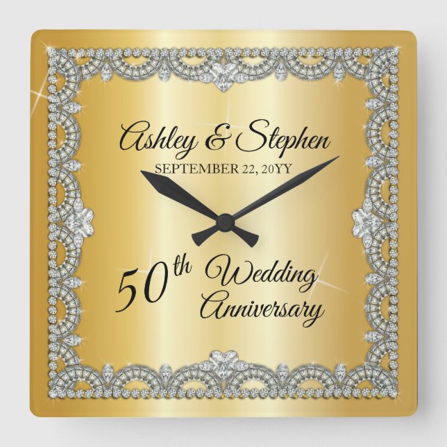 Elegant Diamonds 50th Wedding Anniversary Square Wall Clock (Front)
