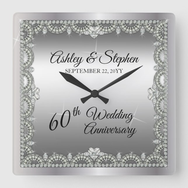 Elegant Diamonds 60th Wedding Anniversary Square Wall Clock (Front)