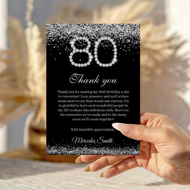 Elegant Diamonds 80th Birthday Thank you Card (Silver Diamond 80th Birthday Thank you card)