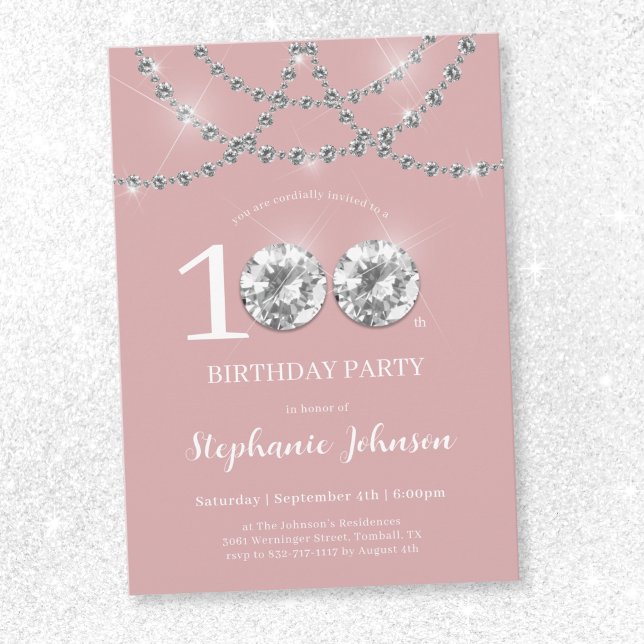 Elegant Diamonds Blush Pink 100th Birthday Invitation (Elegant Diamonds Blush Pink 100th Birthday Invitation)