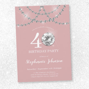 Elegant Diamonds Blush Pink 40th Birthday Invitation