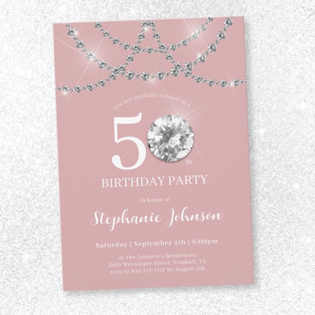 Elegant Diamonds Blush Pink 50th Birthday Invitation (Elegant Diamonds Blush Pink 50th Birthday Invitation)