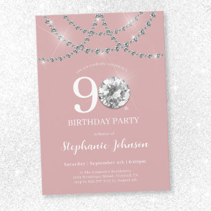 Elegant Diamonds Blush Pink 90th Birthday Invitation