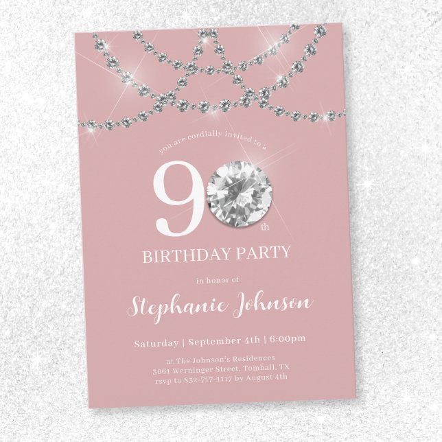 Elegant Diamonds Blush Pink 90th Birthday Invitation (Elegant Diamonds Blush Pink 90th Birthday Invitation)